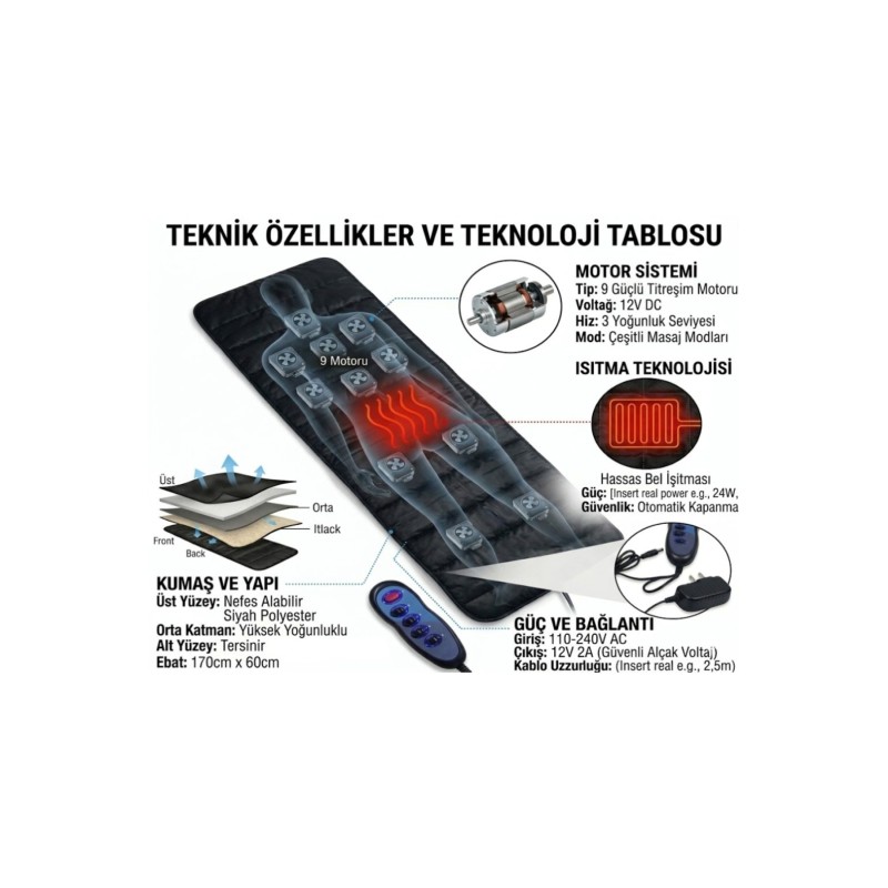 Tam Vücut Isıtmalı 9 Motorlu Masaj Yatağı Taşınabilir Yatak ve Koltuk Tipi Masaj Minderi