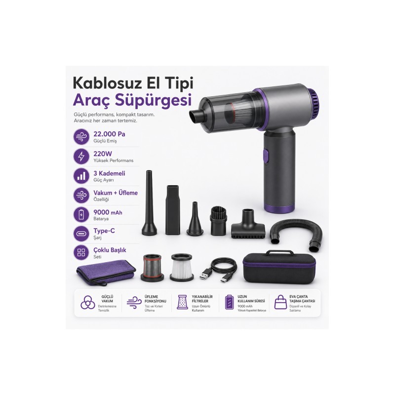 22.000 Pa Kablosuz El Tipi Araç Süpürgesi 220W 3 Kademeli Emiş Üfleme Fonksiyonu 9000 mAh