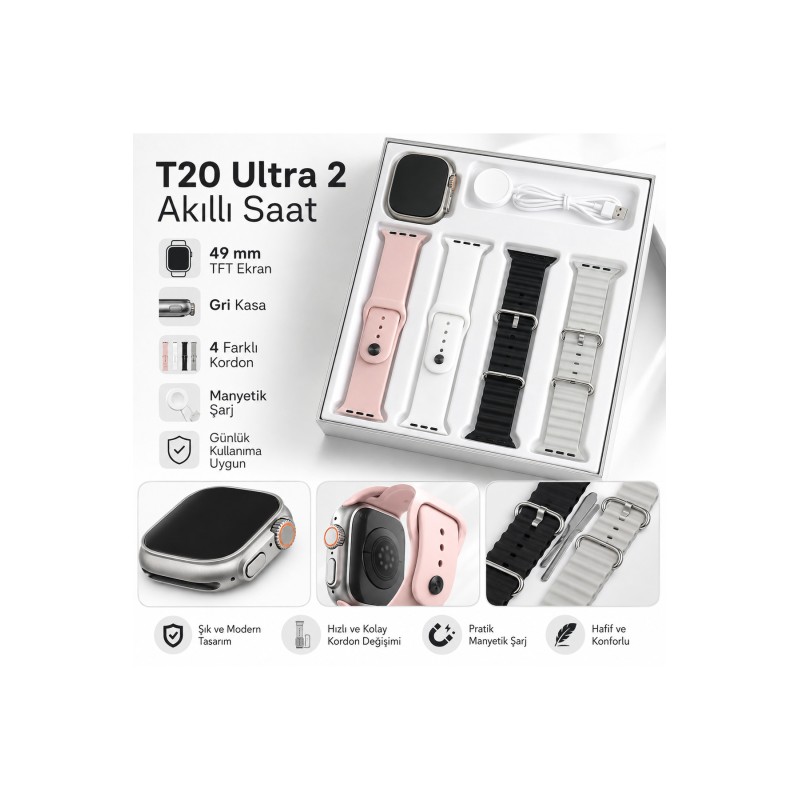 T20 Ultra 2 49 mm TFT Ekran Akıllı Saat 4 Kordonlu Manyetik Şarjlı Gri Kasa