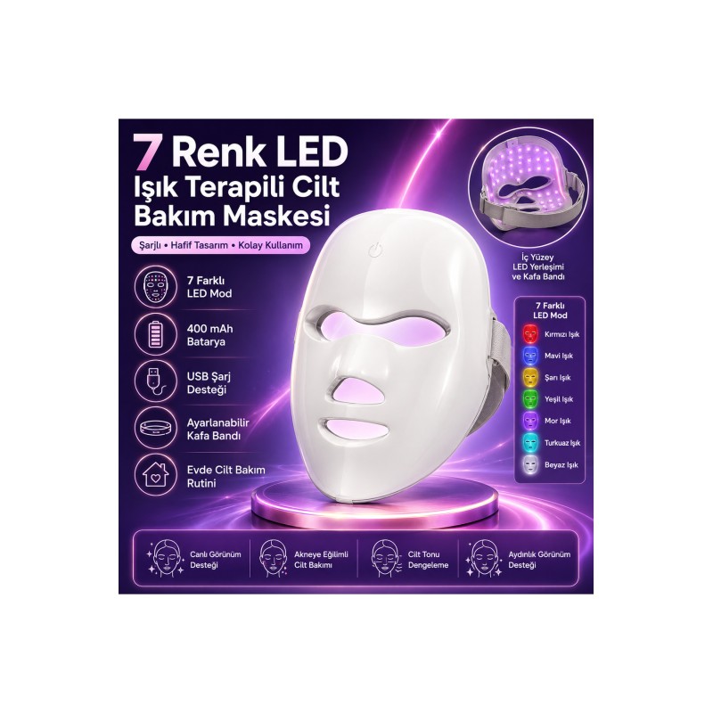 Işıklı Cilt Bakım Maskesi 7 Renk LED Işık Terapisi Yüz Maskesi 400mAh Şarjlı Kırışıklık Önleyici