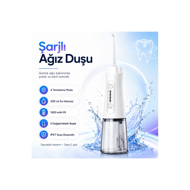 Şarjlı Ağız Duşu 320 ml Su Hazneli 4 Modlu 20-140 PSI 1500 mAh Type-C IPX7 5 Başlıklı