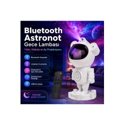 Bluetooth Astronot Gece Lambası 360° Projeksiyonlu Yıldız Nebula Ay Projektörü