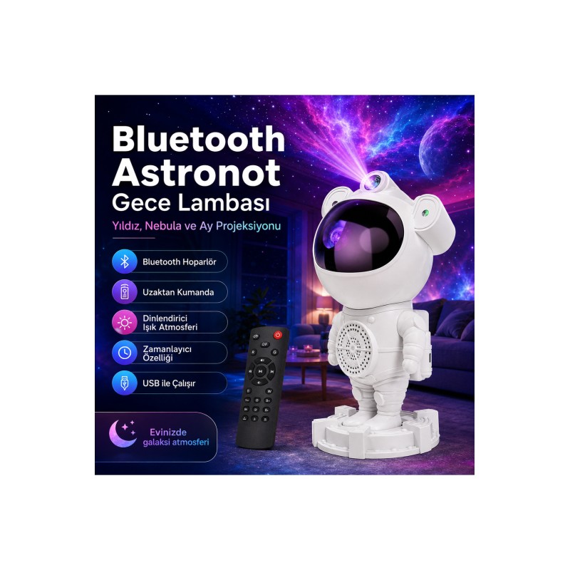 Bluetooth Astronot Gece Lambası 360° Projeksiyonlu Yıldız Nebula Ay Projektörü