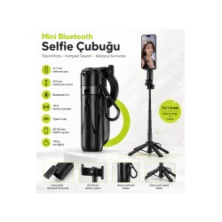 Bluetooth 5.2 Selfie Çubuğu ve Tripod 47,5 cm Teleskopik Uzaktan Kumandalı