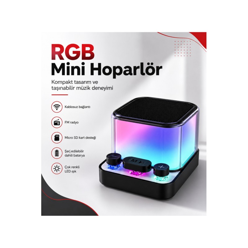 Mini Bluetooth Hoparlör RGB Işıklı 5W TWS FM Radyo Micro SD Kart Destekli Şarjlı Ses