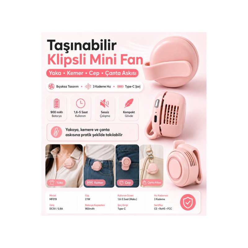 Şarjlı Klipsli Mini Fan Bıçaksız 3 Kademeli