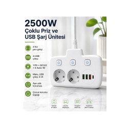 2500W Çoklu Priz USB Şarj Ünitesi 2 Priz Girişli 4 USB Çıkışlı