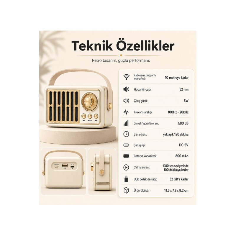 Retro Kablosuz Hoparlör FM Radyo USB Destekli Taşınabilir Askılı Şarjlı Bluetooth