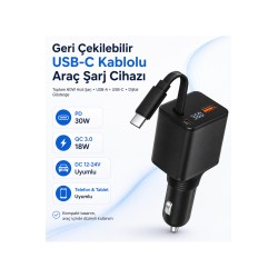 60W Geri Çekilebilir USB-C Kablolu Araç Şarj Cihazı