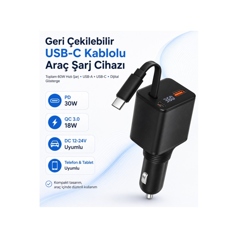 60W Geri Çekilebilir USB-C Kablolu Araç Şarj Cihazı
