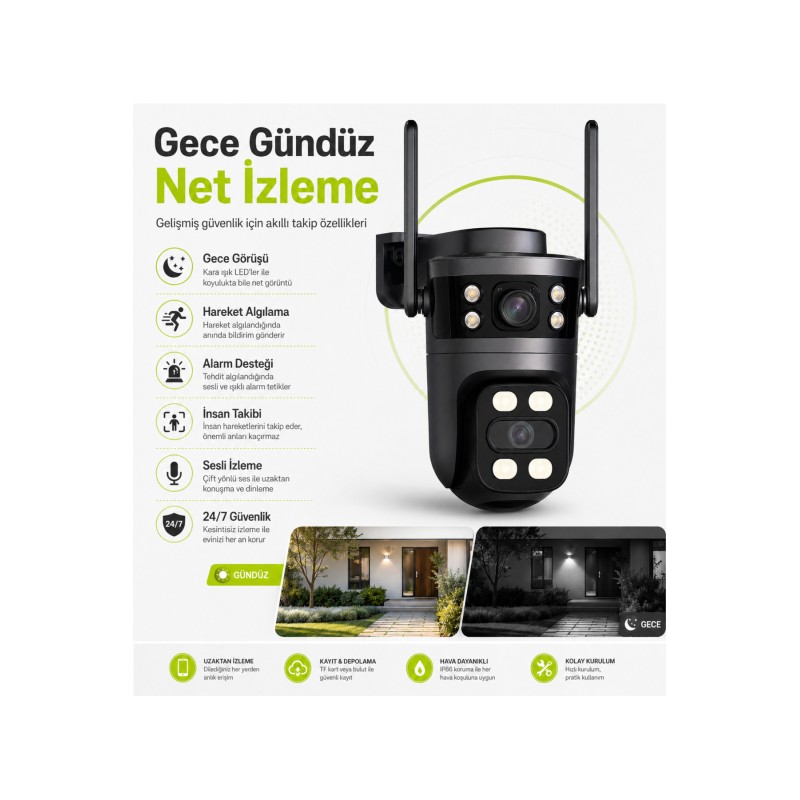 Çift Lens 6 MP Wi-Fi Güvenlik Kamerası 360° PTZ İnsan Takipli Gece Görüşlü Çift Yönlü IP66