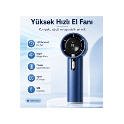 100 Kademeli Dijital Göstergeli Şarjlı El Fanı Mavi Taşınabilir Yüksek Hızlı Mini fan