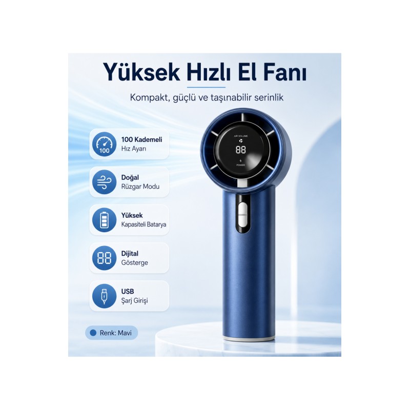 100 Kademeli Dijital Göstergeli Şarjlı El Fanı Mavi Taşınabilir Yüksek Hızlı Mini fan