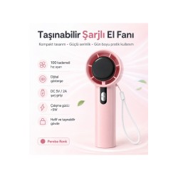 100 Kademeli Dijital Göstergeli Şarjlı El Fanı Pembe Taşınabilir Yüksek Hızlı Mini