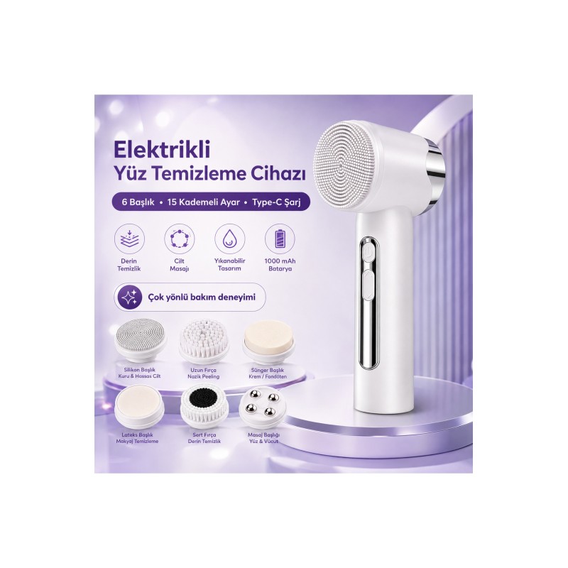 Elektrikli Yüz Temizleme Cihazı 6 Başlıklı 15 Kademeli Type-C Şarjlı Cilt Bakım Masaj