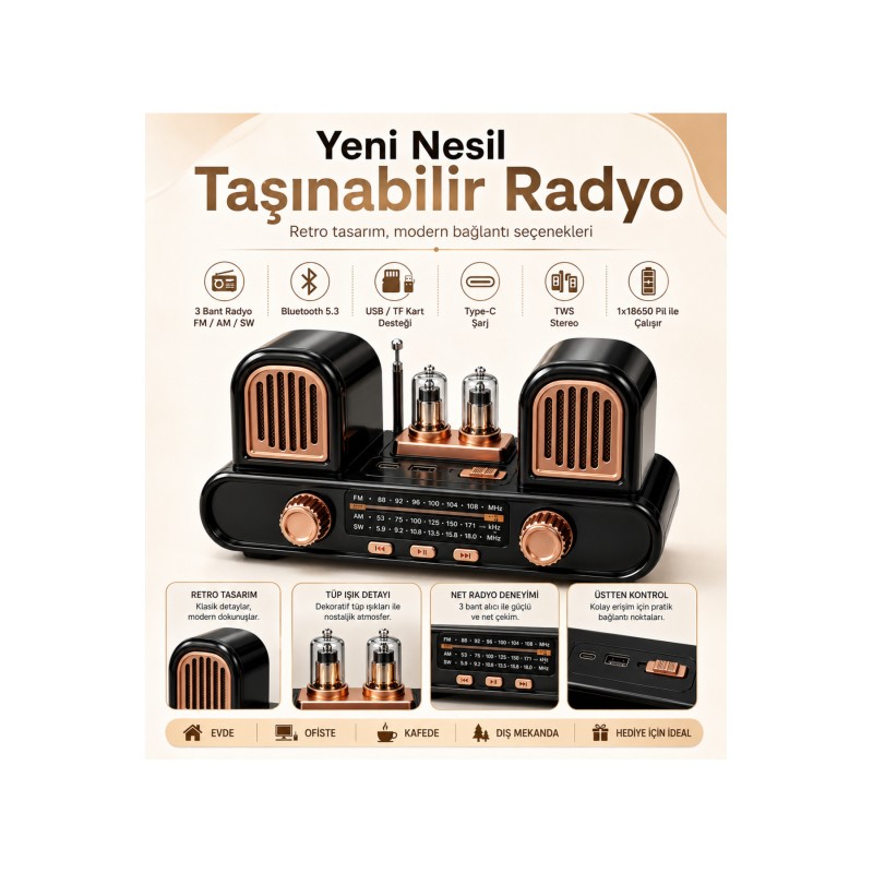 Yeni Nesil Radyo Fm Am Sw 3 Bant Radyo Bluetooth 5.3 Hoparlör USB Tf Kart Destekli
