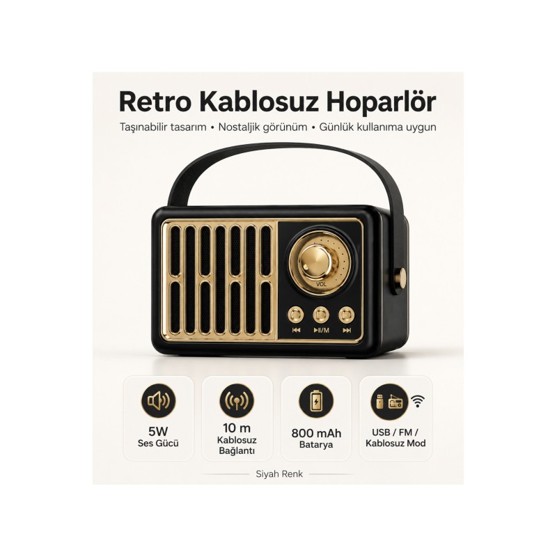 Retro Kablosuz Hoparlör FM Radyo USB Destekli Taşınabilir Askılı Şarjlı Bluetooth
