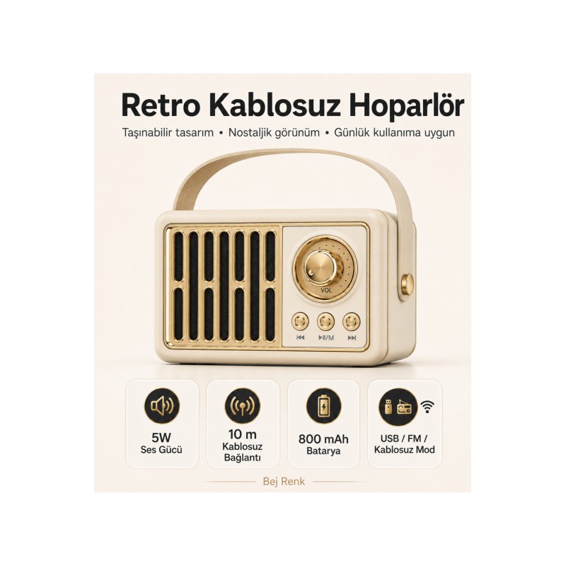 Retro Kablosuz Hoparlör FM Radyo USB Destekli Taşınabilir Askılı Şarjlı Bluetooth