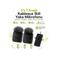 3'ü 1 Arada Kablosuz İkili Yaka Mikrofonu Dijital Ekran Type-C Lightning 3.5 mm 2.4G