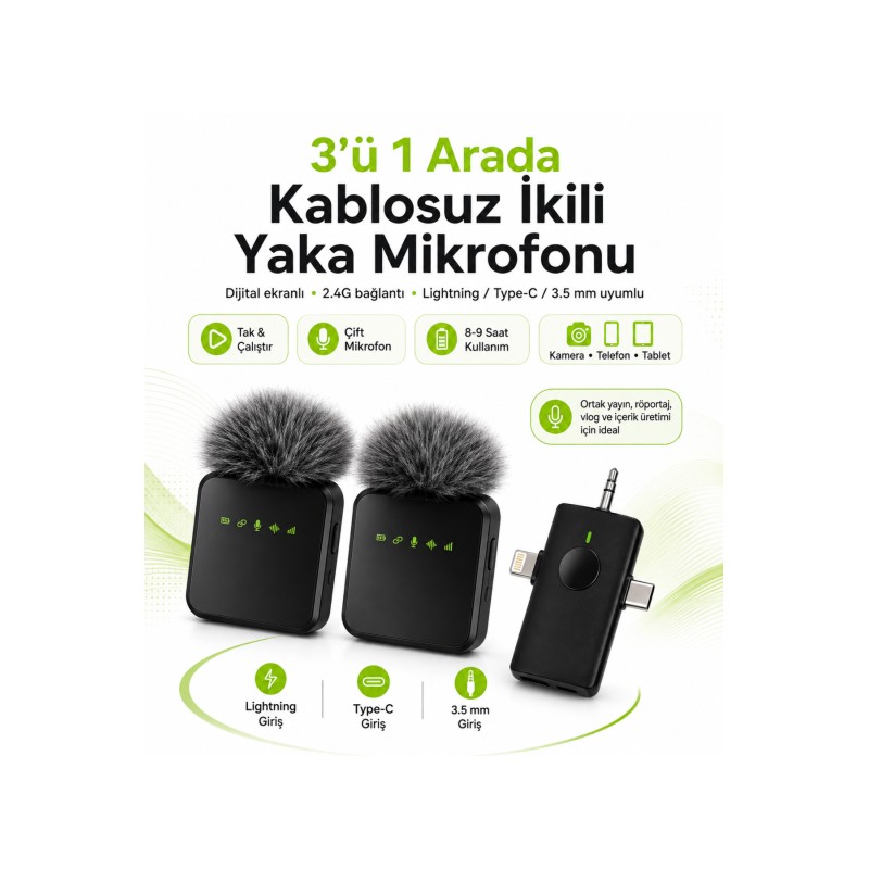 3'ü 1 Arada Kablosuz İkili Yaka Mikrofonu Dijital Ekran Type-C Lightning 3.5 mm 2.4G