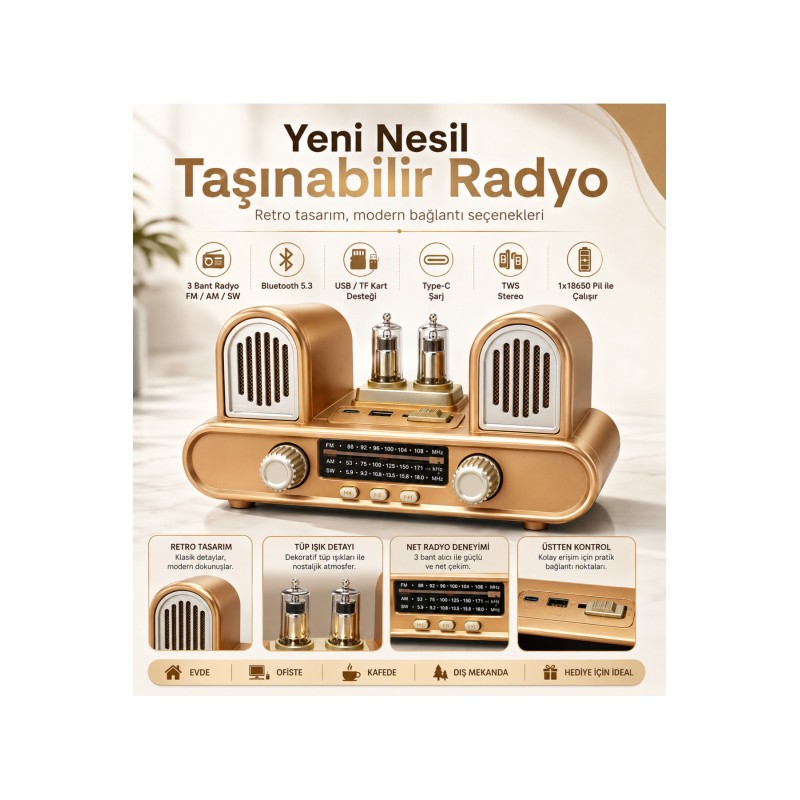 Yeni Nesil Radyo Fm Am Sw 3 Bant Radyo Bluetooth 5.3 Hoparlör USB Tf Kart Destekli