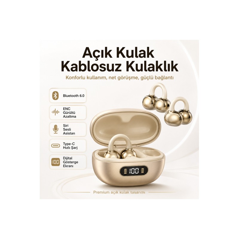 Açık Kulak Kablosuz Bluetooth 6.0 Kulaklık ENC Gürültü Azaltma Dijital Göstergeli