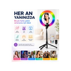 1,9 Metre RGB Halka Işık Selfie Çubuğu ve Tripod, 32 Renkli LED Ring Light, Bluetooth
