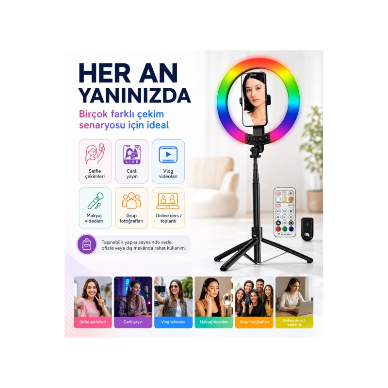 1,9 Metre RGB Halka Işık Selfie Çubuğu ve Tripod, 32 Renkli LED Ring Light, Bluetooth