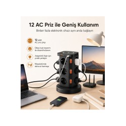 12’li Kule Priz 3680W 16A 10W Kablosuz Şarjlı 1 USB-A 2 USB-C Çıkışlı 2 Metre Kablolu