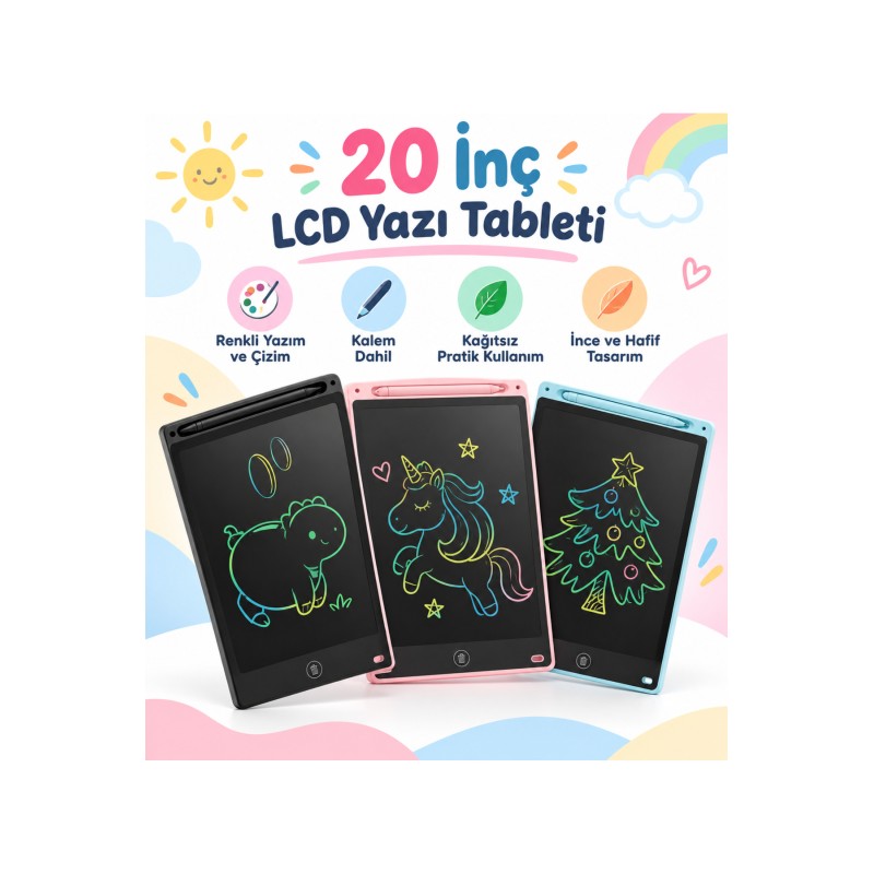 20 İnç LCD Yazı ve Çizim Tableti Renkli Ekranlı Tek Tuşla Silme Kalemli Çocuk Not ve