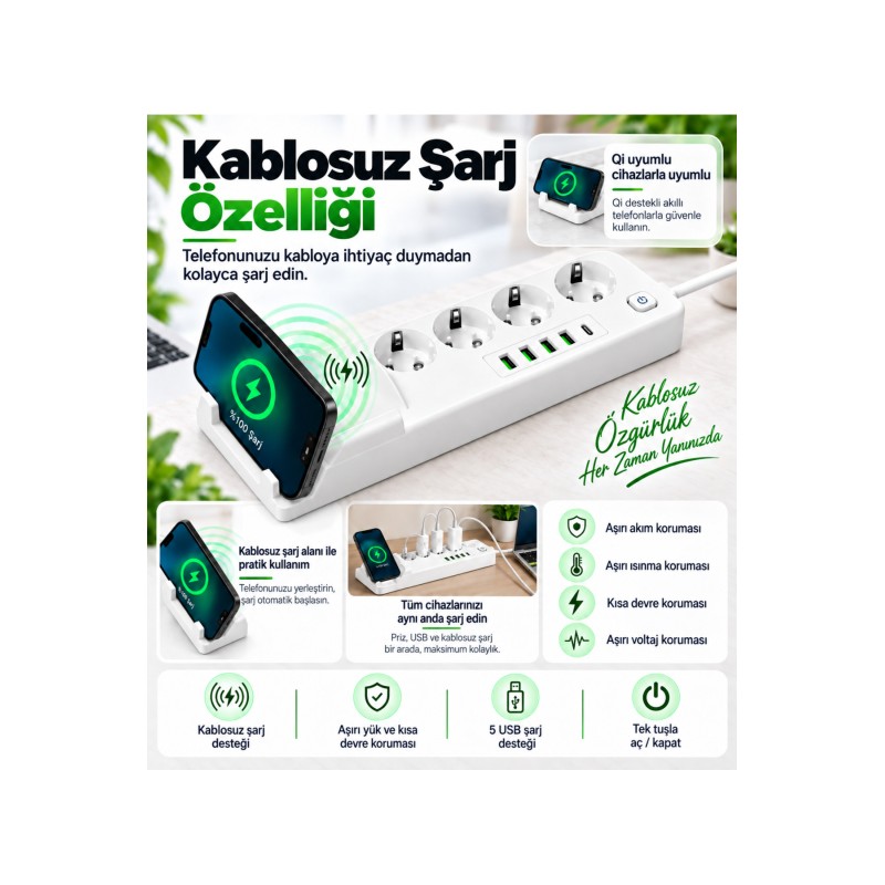 Wireless Şarjlı 4’lü Çoklu Priz 3000W 10A Akım Korumalı 4 USB