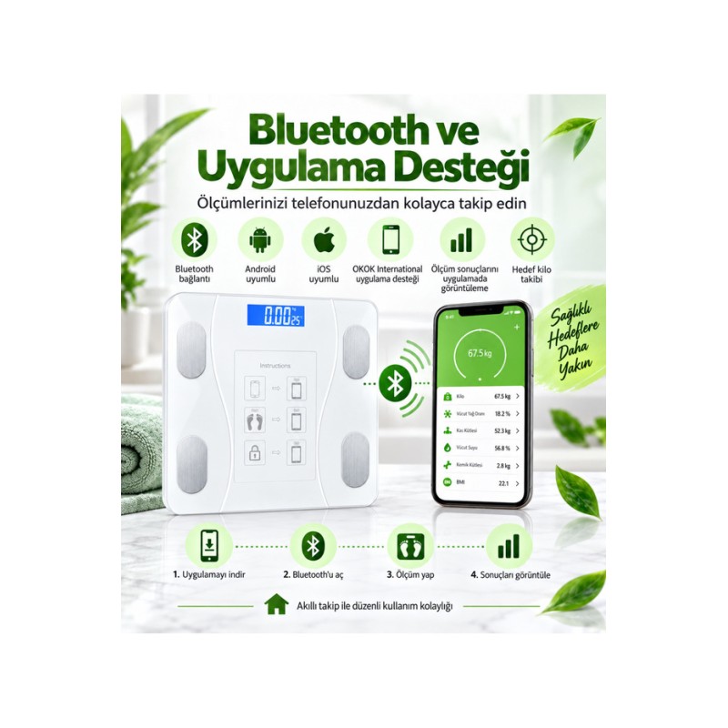 Bluetooth Akıllı Dijital Baskül 180 Kg Vücut Analizli Yağ Su Kas BMI Ölçer Kilo Tartısı