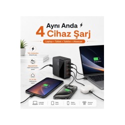 65W GaN Masaüstü Şarj Cihazı 4 Port 2 USB-C 2 USB-A LCD Göstergeli 1,5 Metre Kablolu Laptop Telefon Tablet Şarj Hub