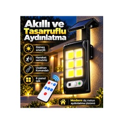 Güneş Enerjili Solar LED Sokak Lambası 6 COB Panelli Hareket Sensörlü Uzaktan