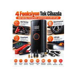 Akü Takviye Cihazı 16000 mAh 12V Dijital Hava Kompresörü Powerbank LED Fener Lastik
