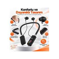 Boyun Askılı Kablosuz Bluetooth Kulaklık Dijital Ekranlı ENC Gürültü Azaltma Hafıza Kartı Destekli Type-C Şarjlı