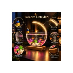 LED Işıklı Dekoratif Masaüstü Akvaryum Yarım Ay Tasarım Hava Kabarcıklı Balık